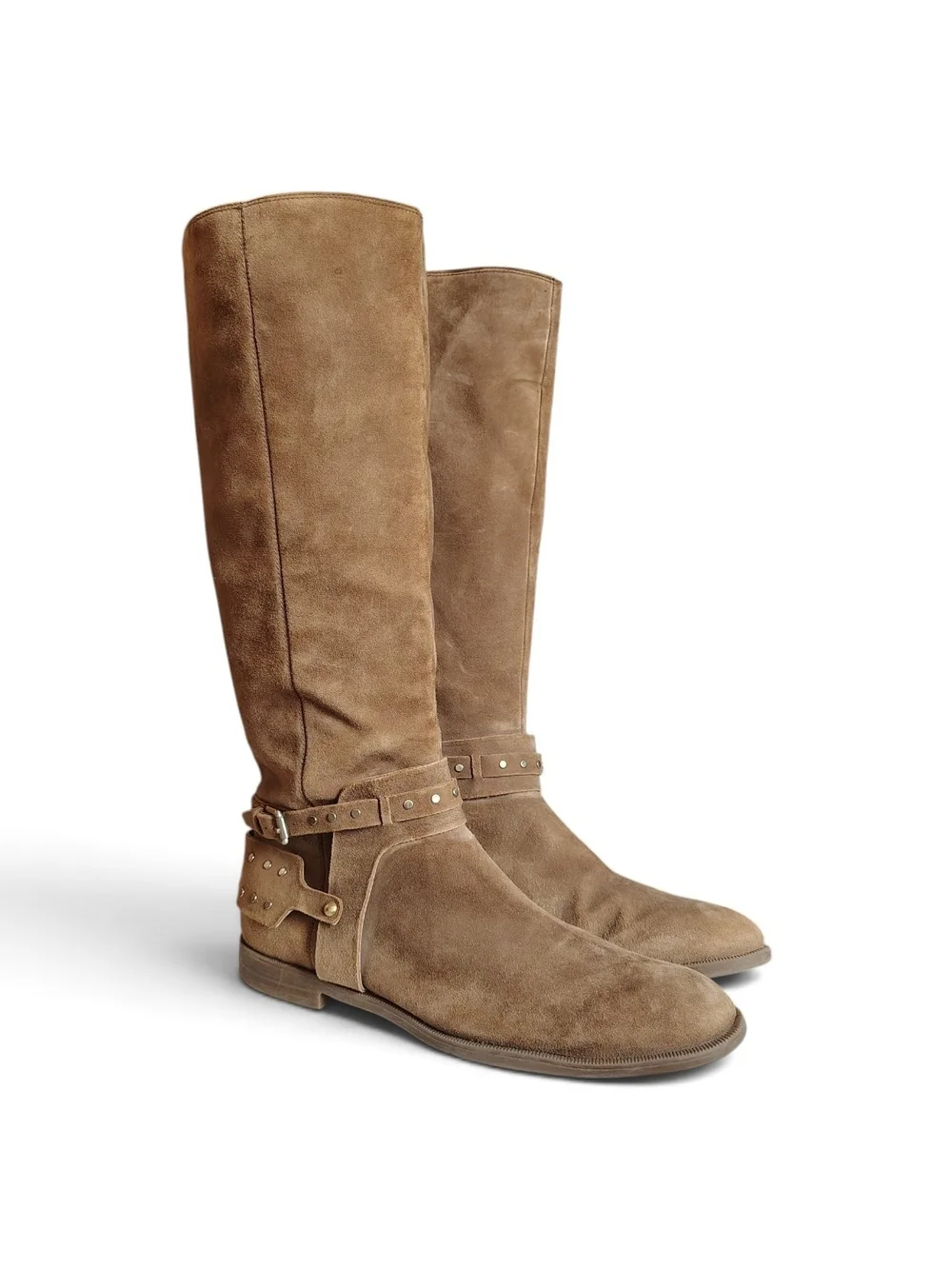 Nine West Luciana Tan Suede Studded Harness Riding Boots Women's Size 9